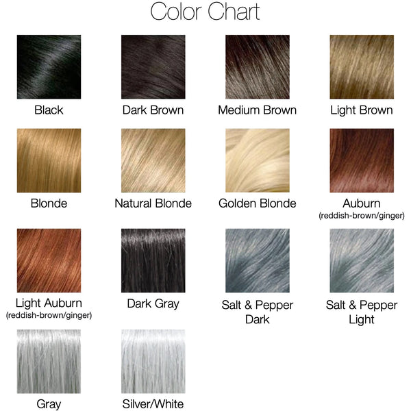 Color chart containing black, dark brown, medium brown, light brown, blonde, natural blonde, golden blonde, auburn, light auburn, dark gray, salt & pepper dark, salt & pepper light, gray, and silver/white.
